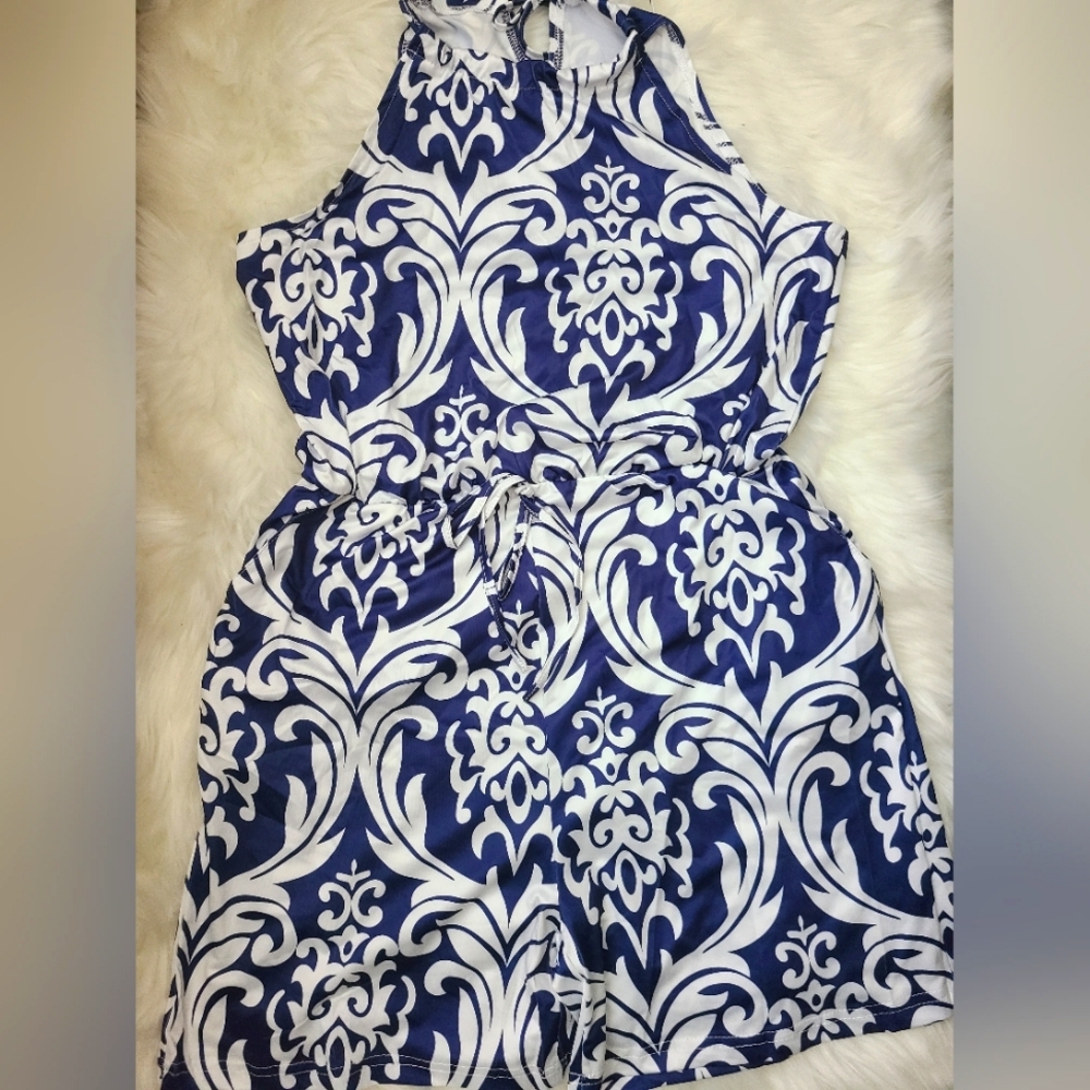 SZ L blue and white romper NWT
